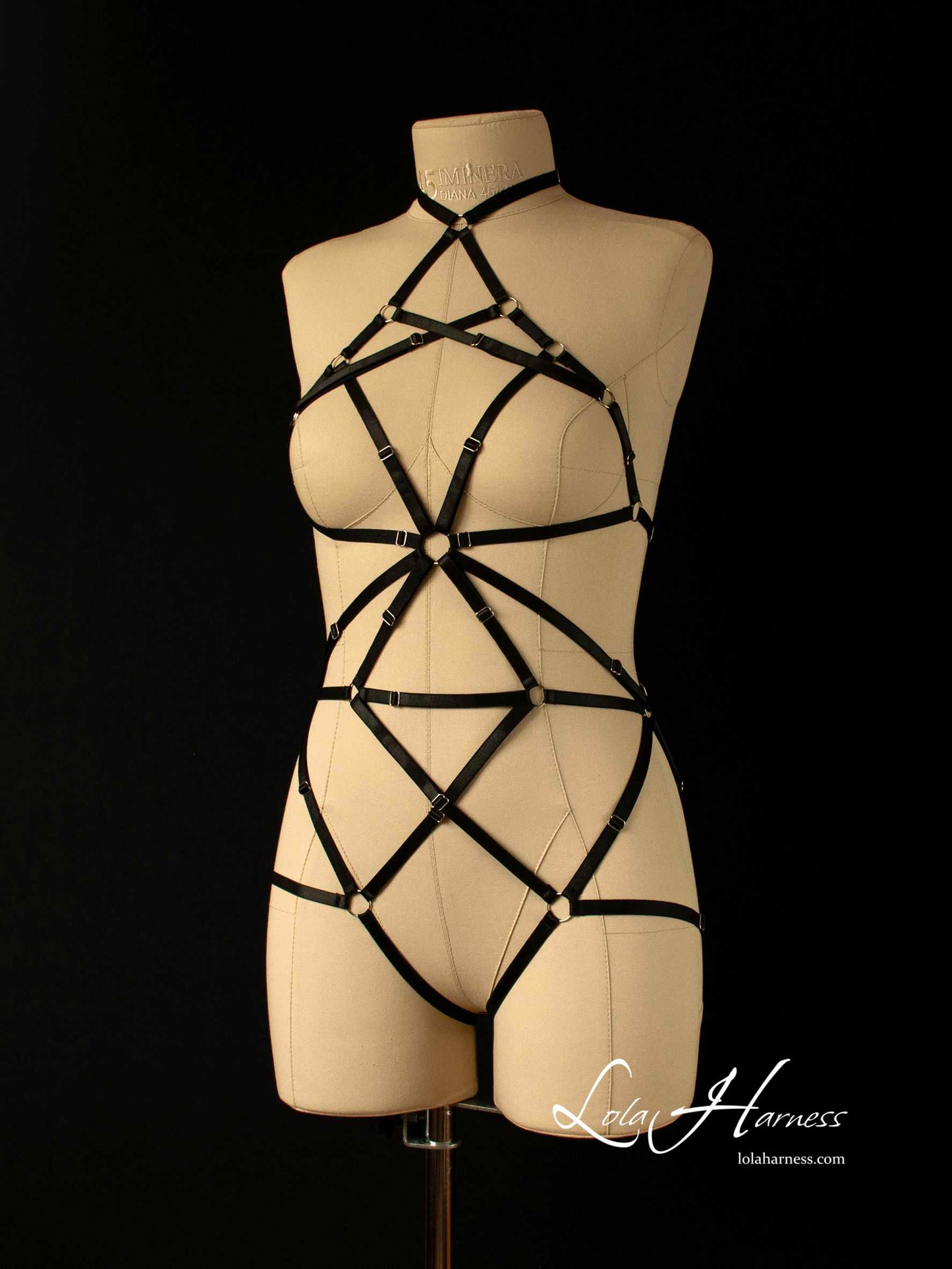Black cage-style harness bodysuit with choker, front side view on mannequin.