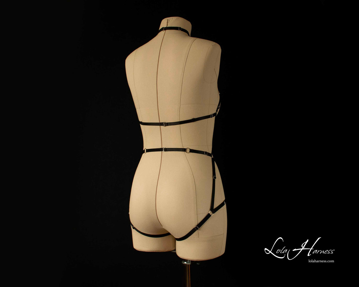 Erotic black crotchless harness bodysuit with adjustable straps, back side view.