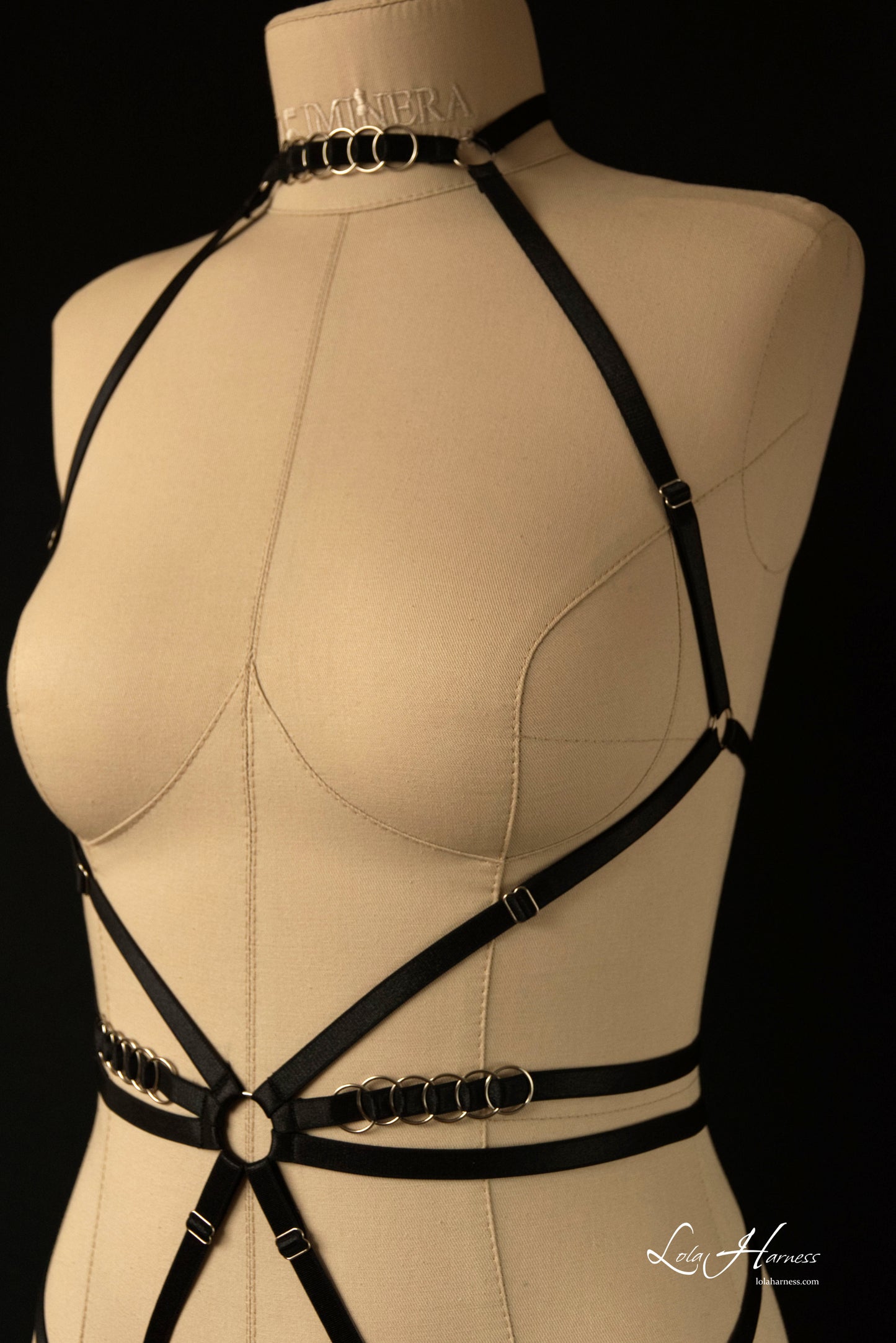 A detailed shot of the black harness bodysuit on a mannequin, emphasizing the twelve silver rings and double garter straps.