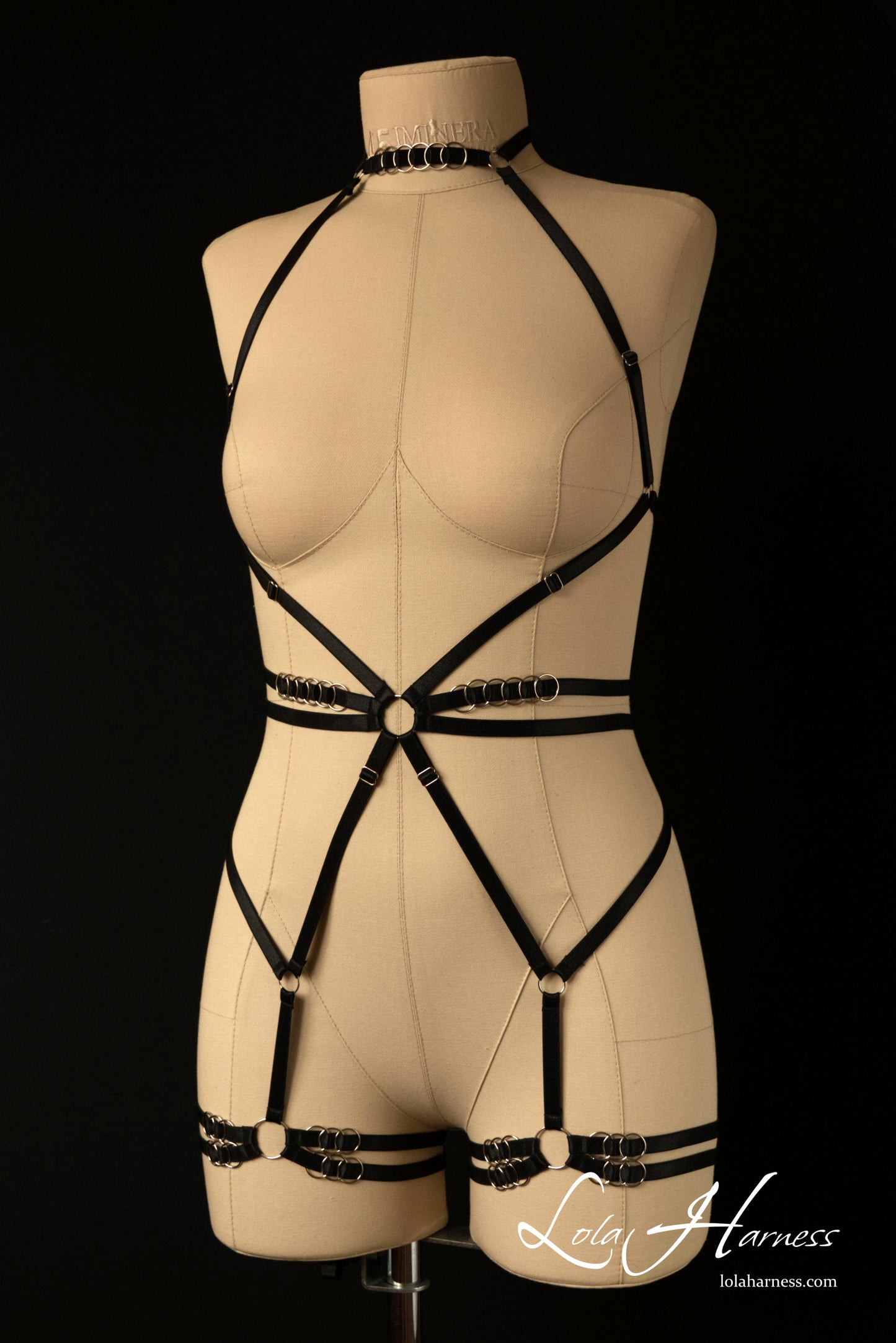 A full-body shot of a mannequin in a striking black harness bodysuit with a choker neckline, double garters, and metal ring embellishments.