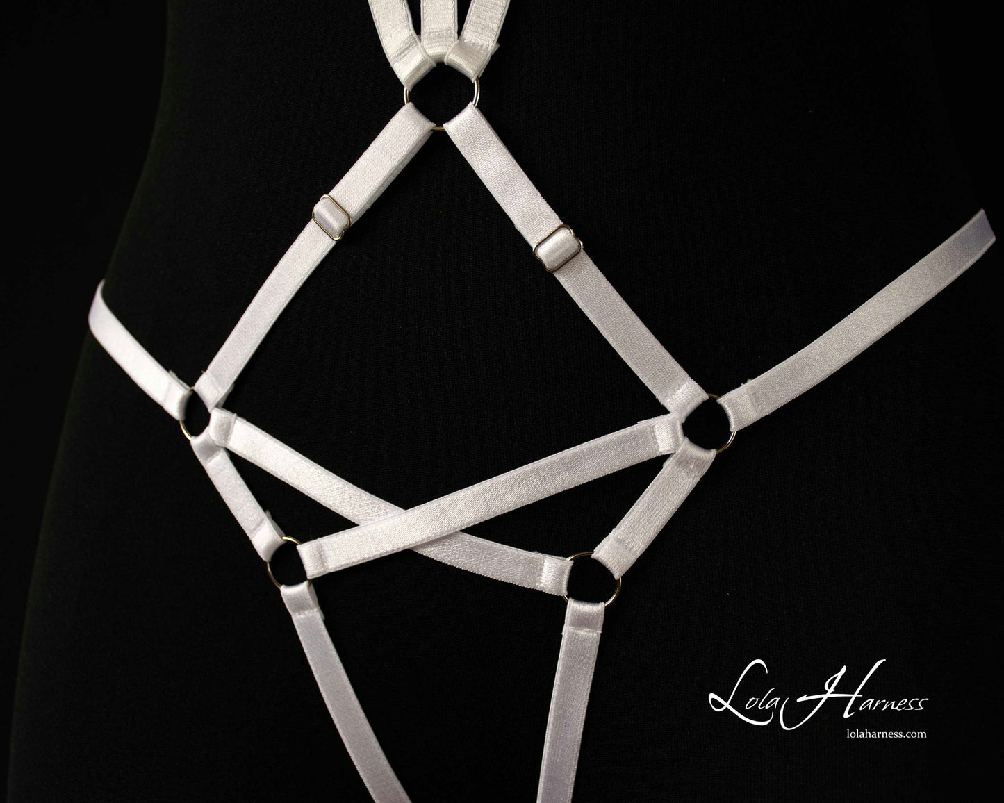 Suzie Harness Bodysuit detailed bottom side view, emphasizing the open-bottom design and harness-inspired structure.