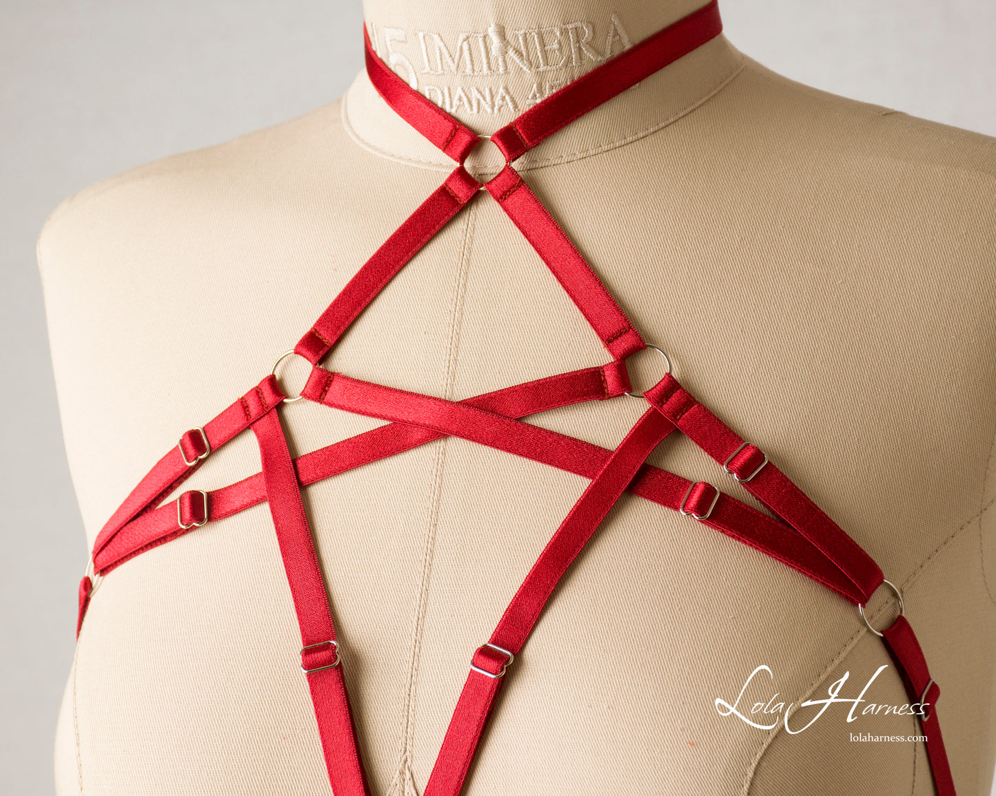 Close-up of the Alice harness cupless bra, highlighting the intricate strap details and choker attachment.