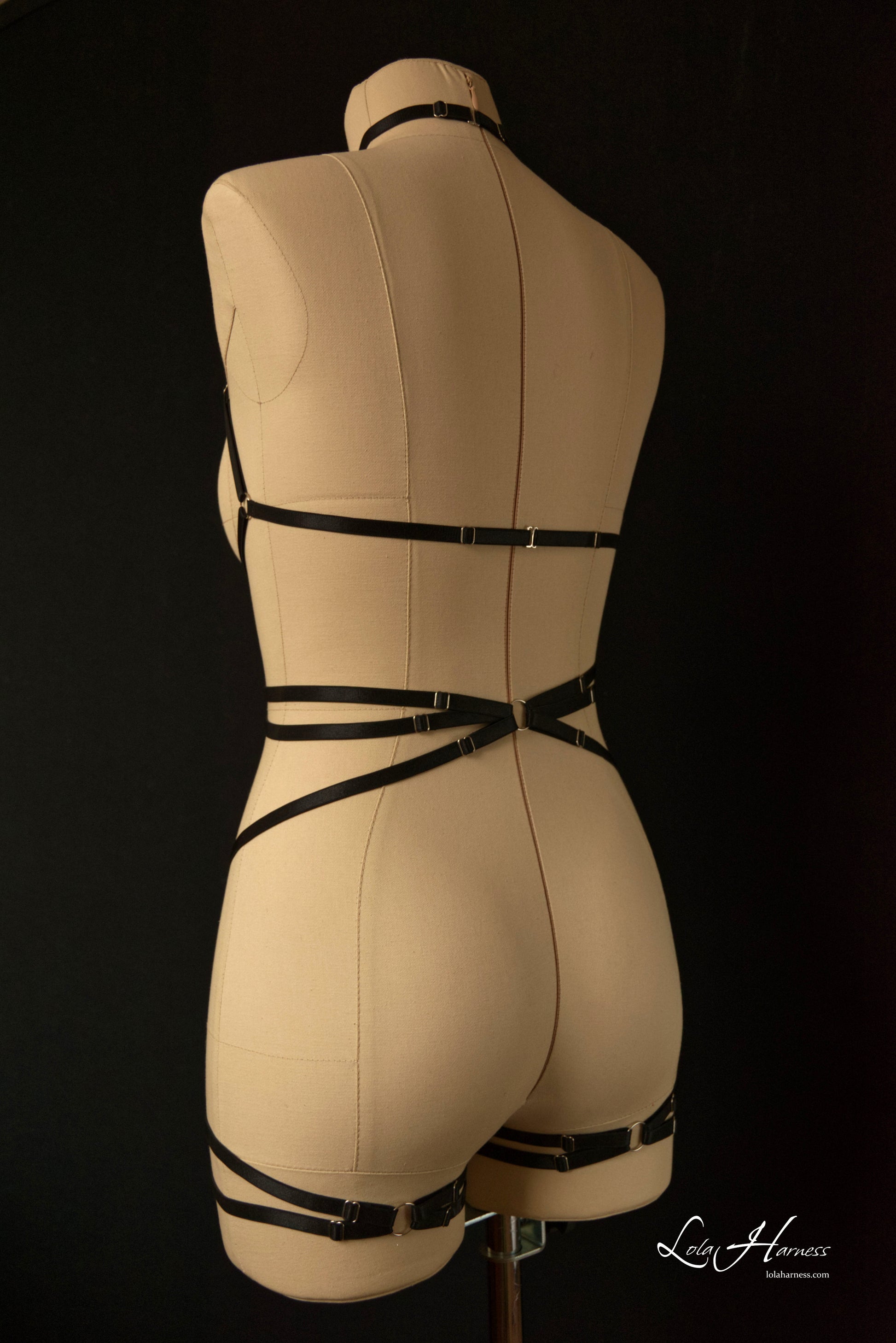 Back view of a black adjustable harness bodysuit, focusing on the structured straps and secure fit.