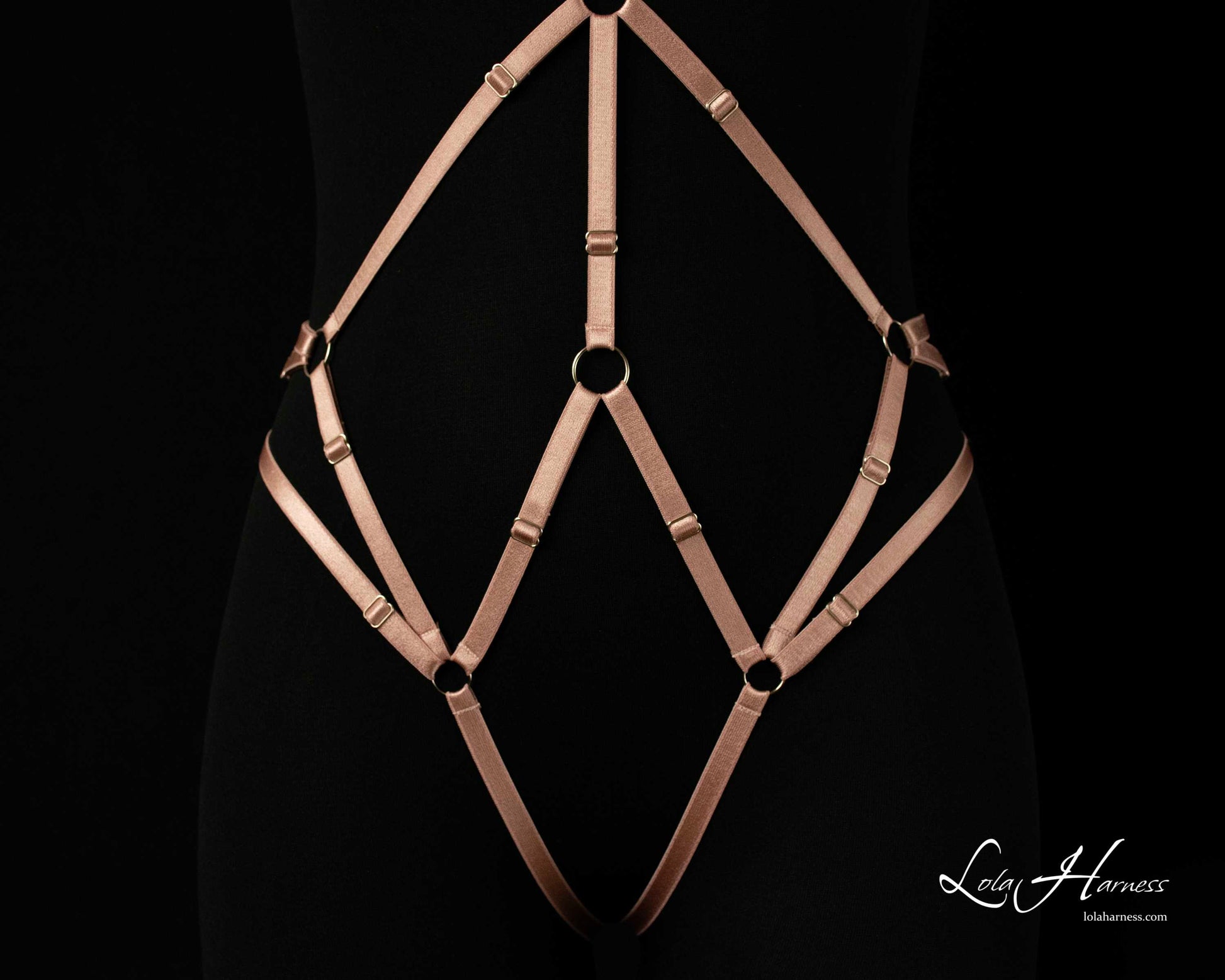 Close-up front bottom view of The Carry harness playsuit on a mannequin in dusty rose, highlighting the crotchless design.