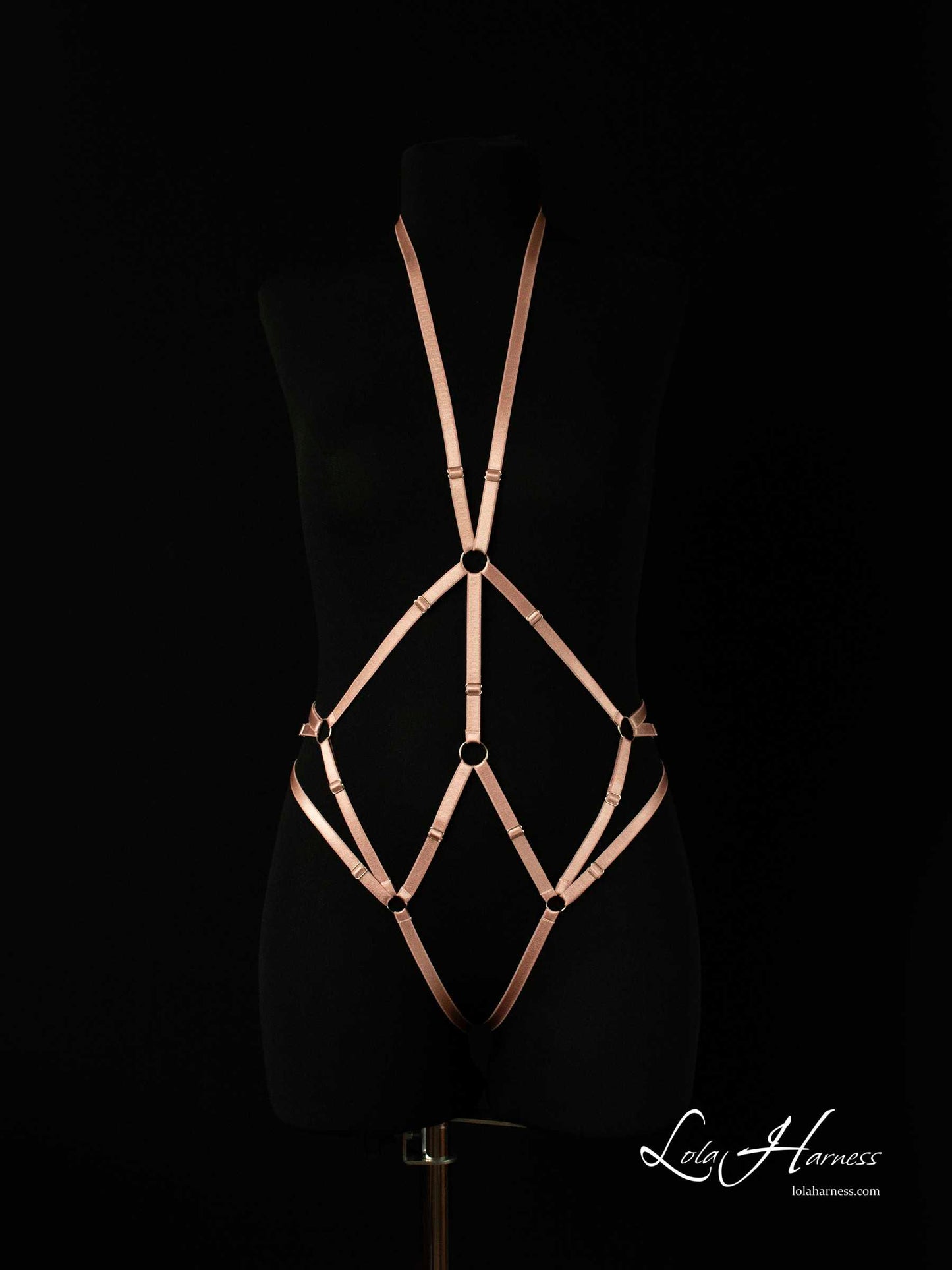 Front view of The Carry harness playsuit on a mannequin in dusty rose elastic, featuring an ouvert bodysuit with a neck strap that accentuates the waist and hips.