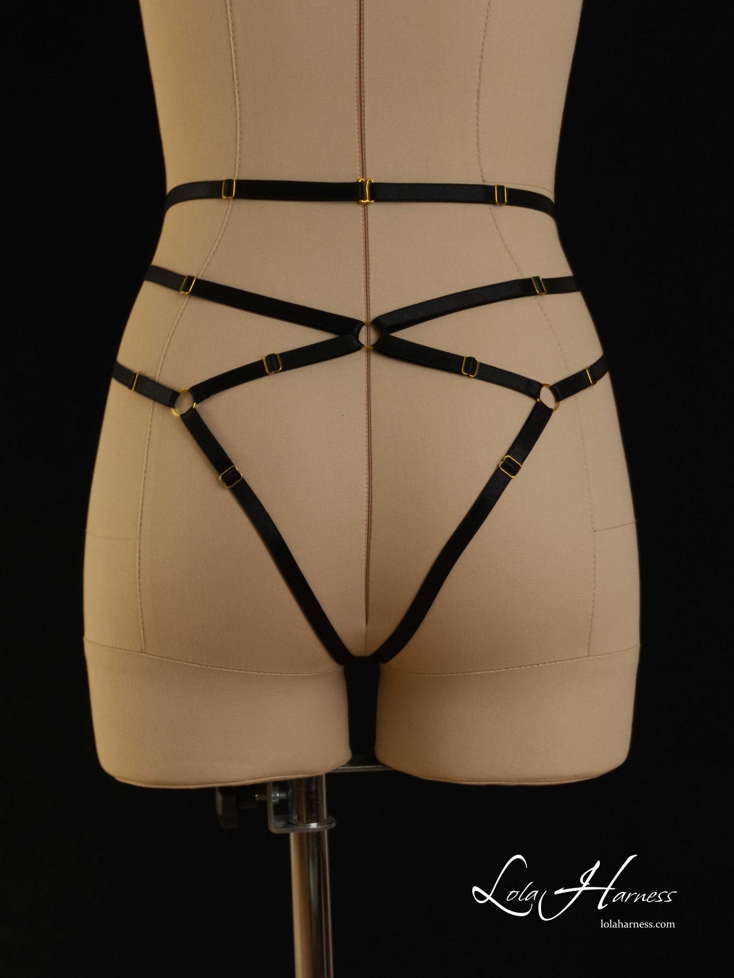 Back view of The Darlene harness panties on a mannequin in black, focusing on the hook closure and open design.