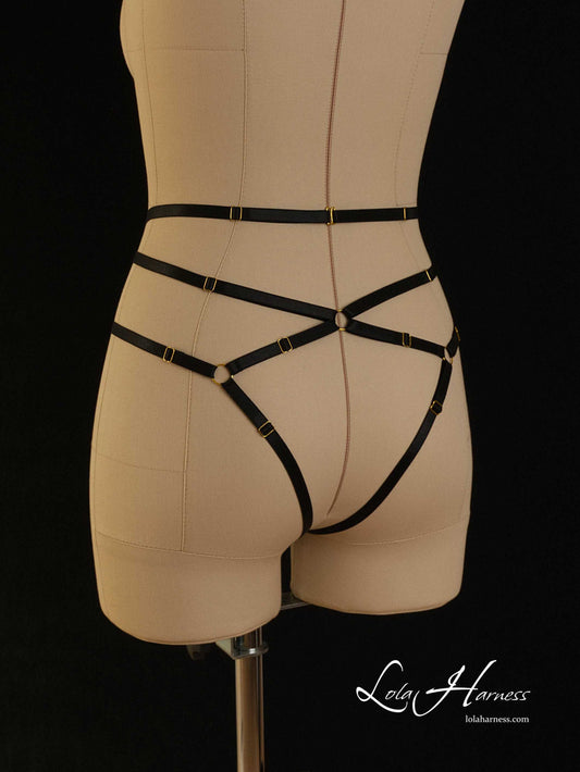  Side back view of The Darlene harness panties on a mannequin in black, highlighting the adjustable straps and hook detail.