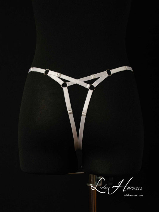 Lily Harness Panties in white, featuring a sultry cage design and strappy details for a bold, seductive look.